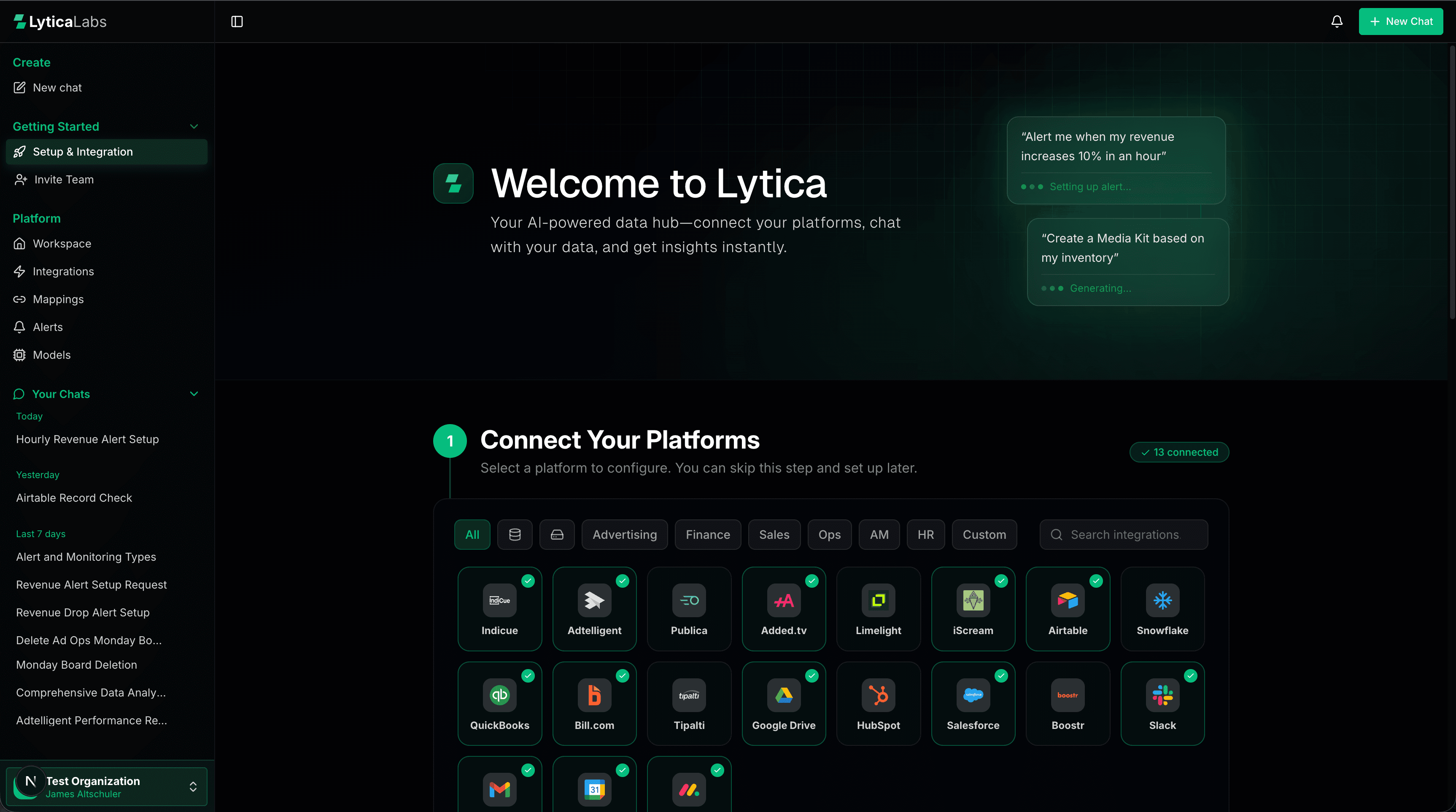 Lytica setup page showing connected platforms across advertising, finance, CRM, and productivity categories