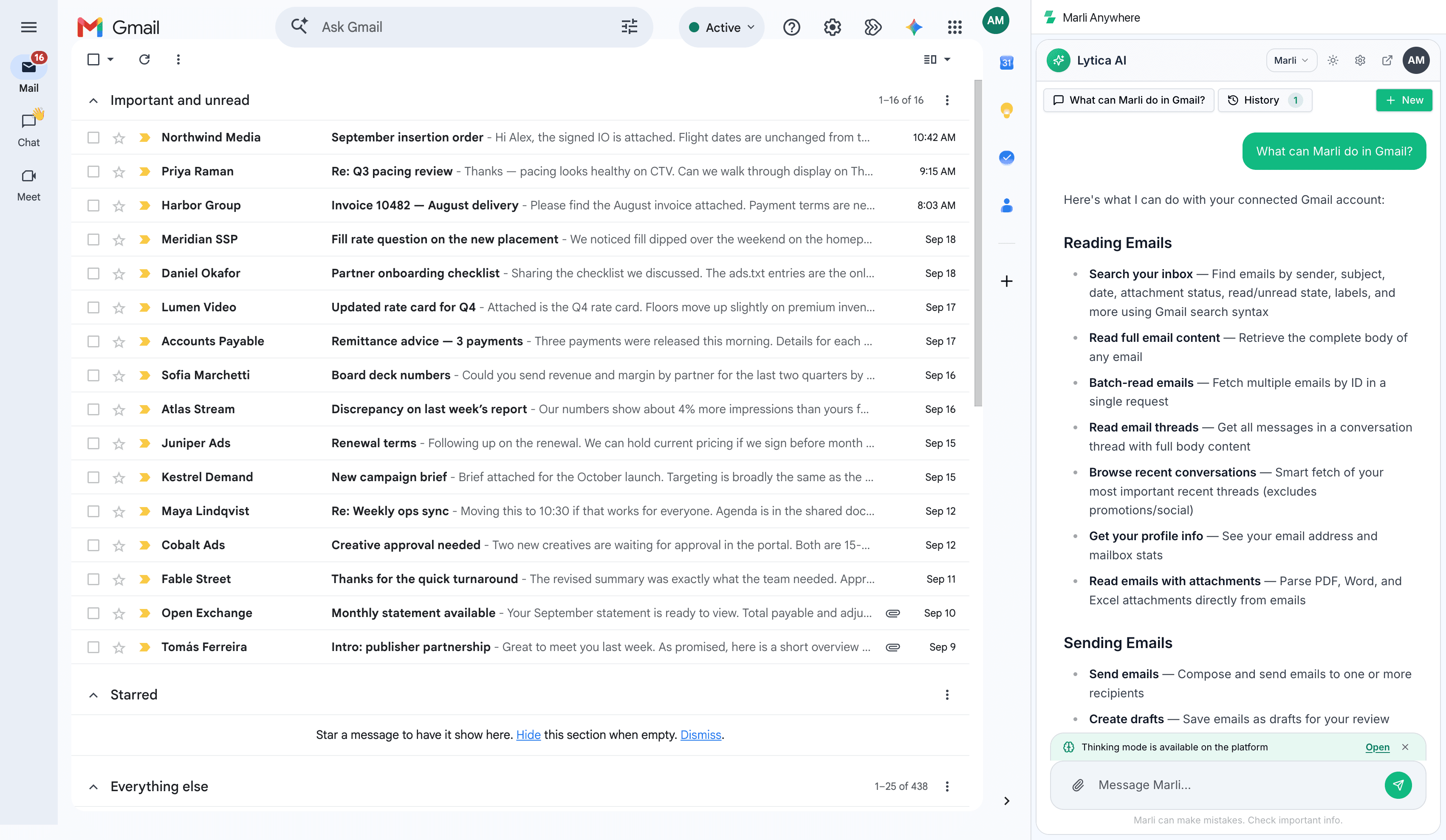 Gmail with the Marli Anywhere side panel open, where Marli explains what she can do with a connected inbox: search and read threads, read attachments, draft, reply and send.